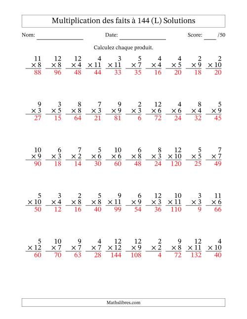 Multiplication des faits à 144 (50 Questions) (Pas de zéros ni de uns) (L) page 2