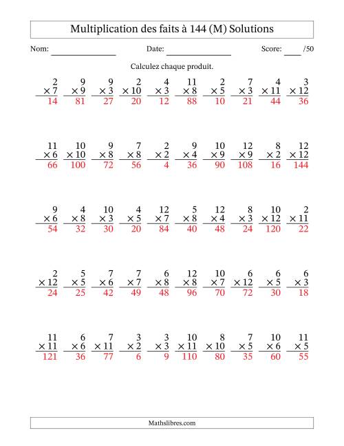 Multiplication des faits à 144 (50 Questions) (Pas de zéros ni de uns) (M) page 2