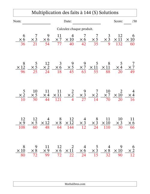Multiplication des faits à 144 (50 Questions) (Pas de zéros ni de uns) (S) page 2