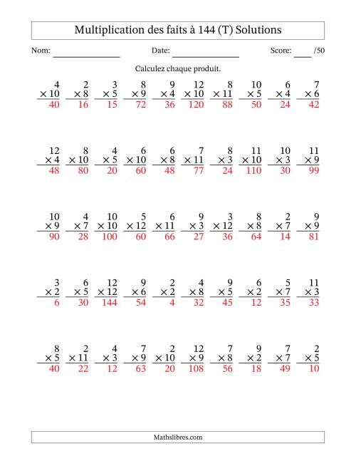 Multiplication des faits à 144 (50 Questions) (Pas de zéros ni de uns) (T) page 2