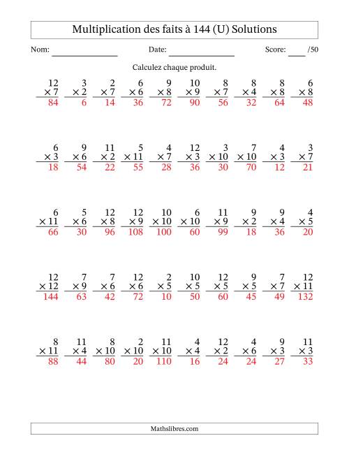 Multiplication des faits à 144 (50 Questions) (Pas de zéros ni de uns) (U) page 2