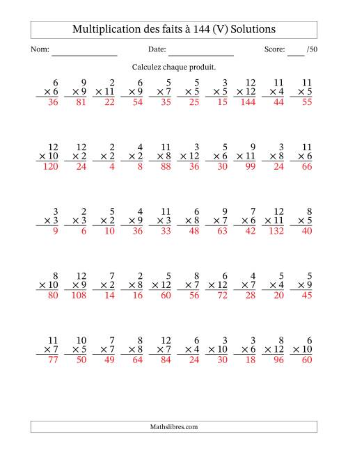 Multiplication des faits à 144 (50 Questions) (Pas de zéros ni de uns) (V) page 2
