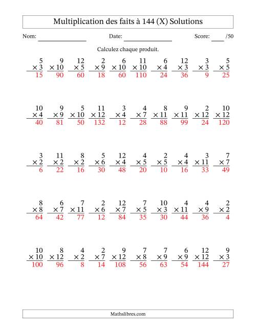 Multiplication des faits à 144 (50 Questions) (Pas de zéros ni de uns) (X) page 2