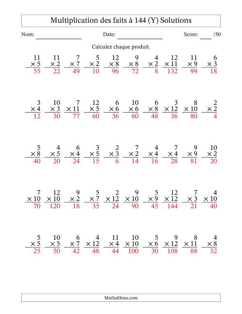 Multiplication des faits à 144 (50 Questions) (Pas de zéros ni de uns) (Y) page 2