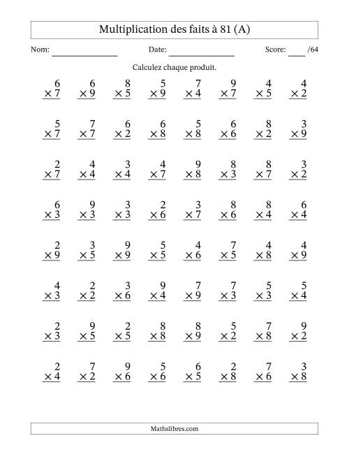 Multiplication des faits à 81 (64 Questions) (Pas de zéros ni de uns) (A)