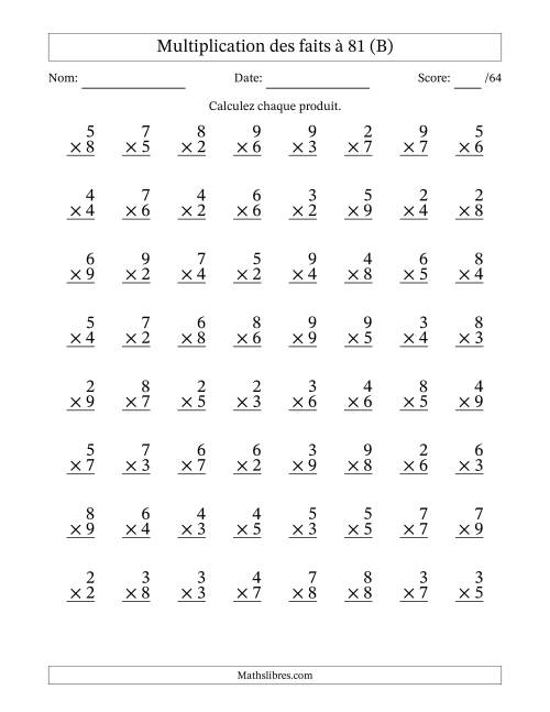 Multiplication des faits à 81 (64 Questions) (Pas de zéros ni de uns) (B)