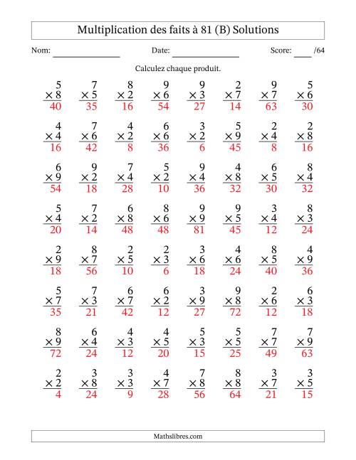 Multiplication des faits à 81 (64 Questions) (Pas de zéros ni de uns) (B) page 2