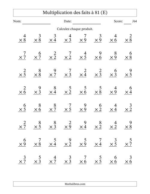 Multiplication des faits à 81 (64 Questions) (Pas de zéros ni de uns) (E)