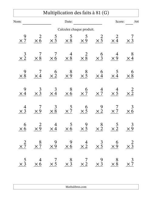 Multiplication des faits à 81 (64 Questions) (Pas de zéros ni de uns) (G)