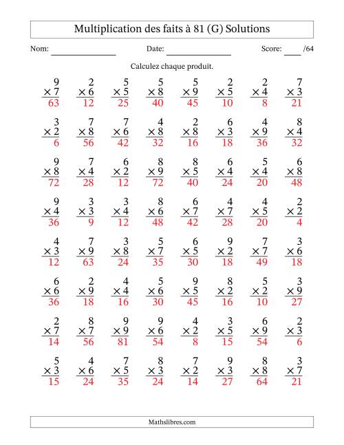 Multiplication des faits à 81 (64 Questions) (Pas de zéros ni de uns) (G) page 2