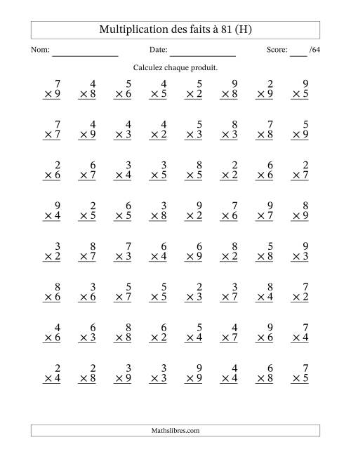 Multiplication des faits à 81 (64 Questions) (Pas de zéros ni de uns) (H)