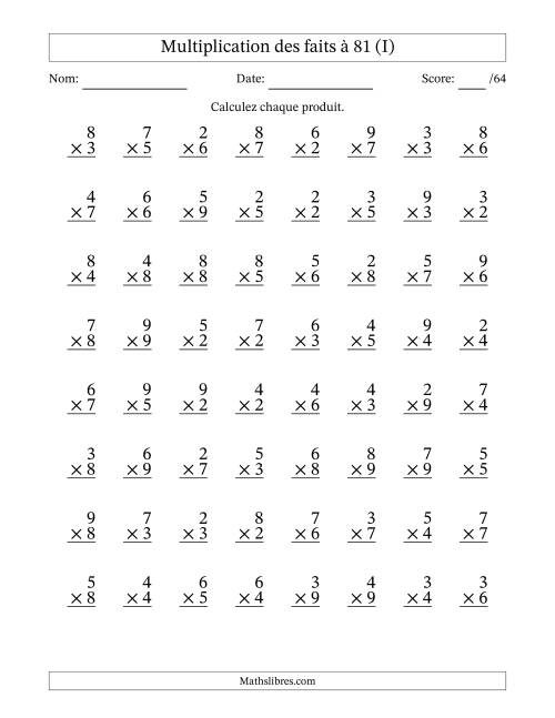Multiplication des faits à 81 (64 Questions) (Pas de zéros ni de uns) (I)
