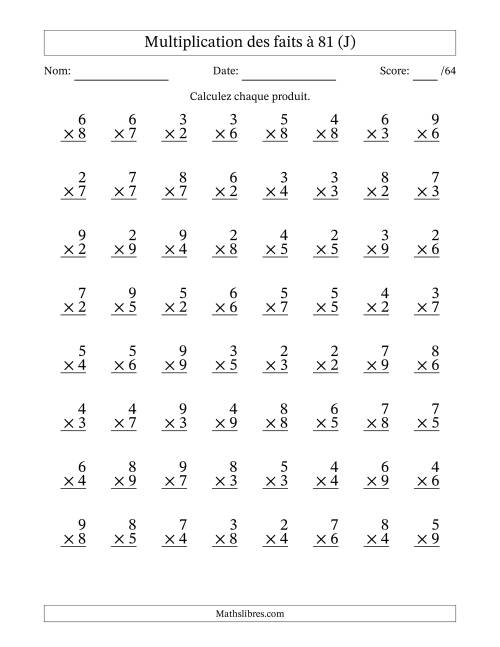 Multiplication des faits à 81 (64 Questions) (Pas de zéros ni de uns) (J)