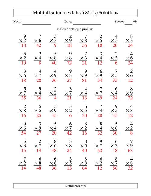 Multiplication des faits à 81 (64 Questions) (Pas de zéros ni de uns) (L) page 2
