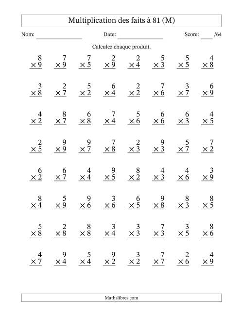 Multiplication des faits à 81 (64 Questions) (Pas de zéros ni de uns) (M)