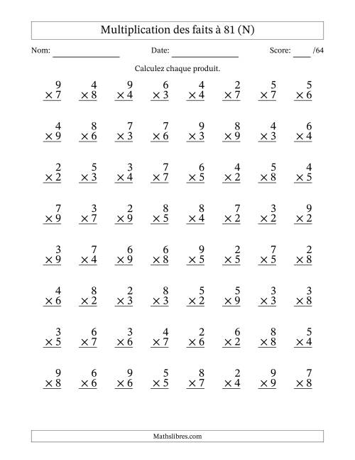 Multiplication des faits à 81 (64 Questions) (Pas de zéros ni de uns) (N)