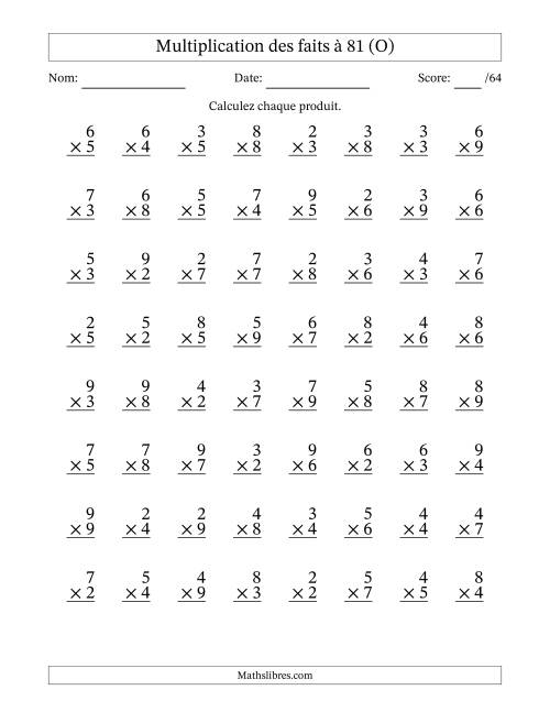 Multiplication des faits à 81 (64 Questions) (Pas de zéros ni de uns) (O)
