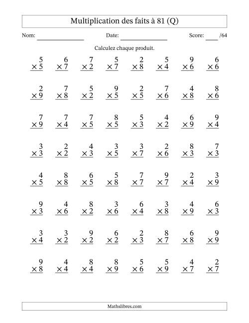 Multiplication des faits à 81 (64 Questions) (Pas de zéros ni de uns) (Q)
