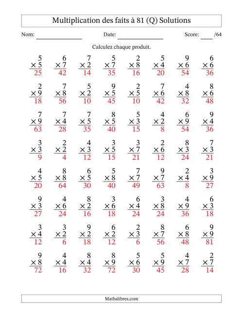 Multiplication des faits à 81 (64 Questions) (Pas de zéros ni de uns) (Q) page 2