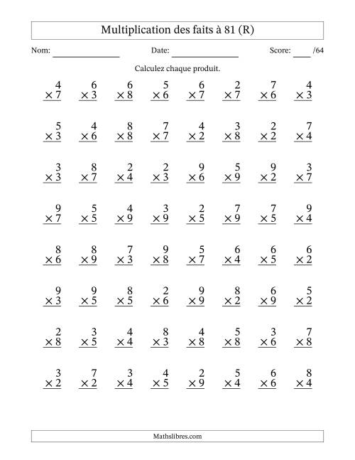 Multiplication des faits à 81 (64 Questions) (Pas de zéros ni de uns) (R)