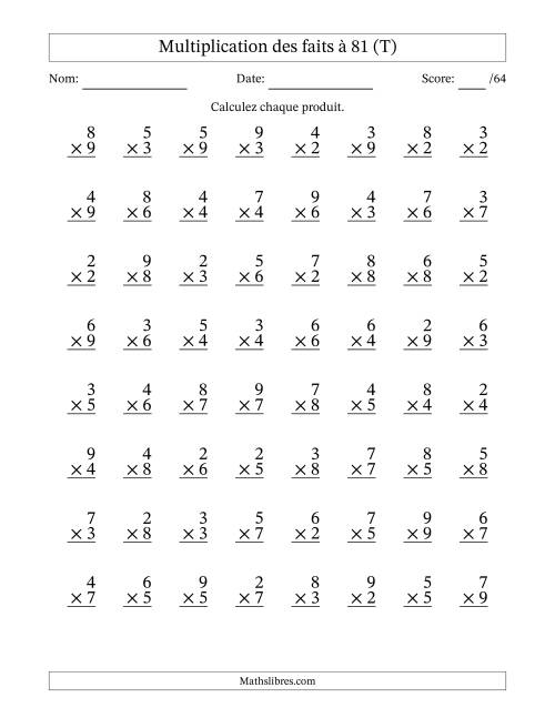 Multiplication des faits à 81 (64 Questions) (Pas de zéros ni de uns) (T)