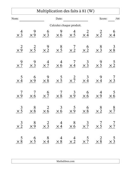Multiplication des faits à 81 (64 Questions) (Pas de zéros ni de uns) (W)