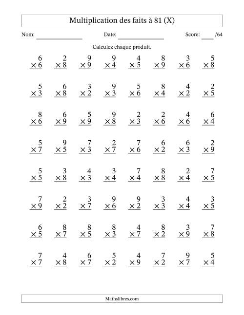 Multiplication des faits à 81 (64 Questions) (Pas de zéros ni de uns) (X)