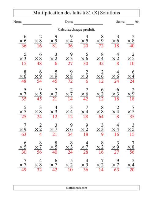 Multiplication des faits à 81 (64 Questions) (Pas de zéros ni de uns) (X) page 2
