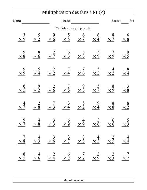 Multiplication des faits à 81 (64 Questions) (Pas de zéros ni de uns) (Z)