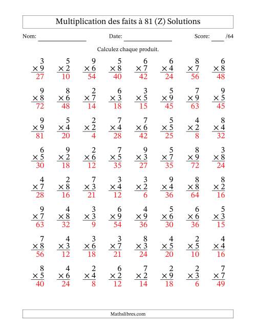Multiplication des faits à 81 (64 Questions) (Pas de zéros ni de uns) (Z) page 2