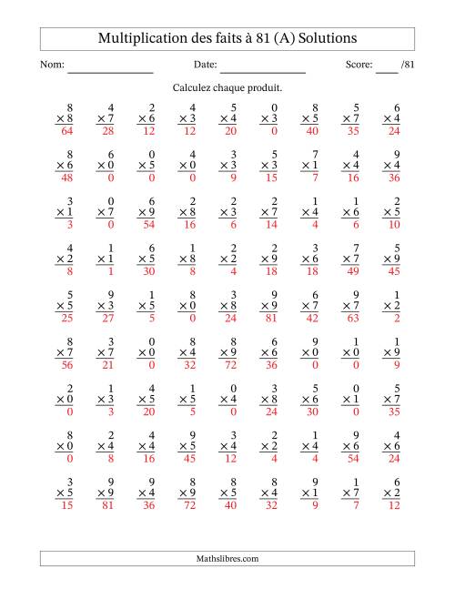 Multiplication des faits à 81 (81 Questions) (Avec zéros) (A) page 2