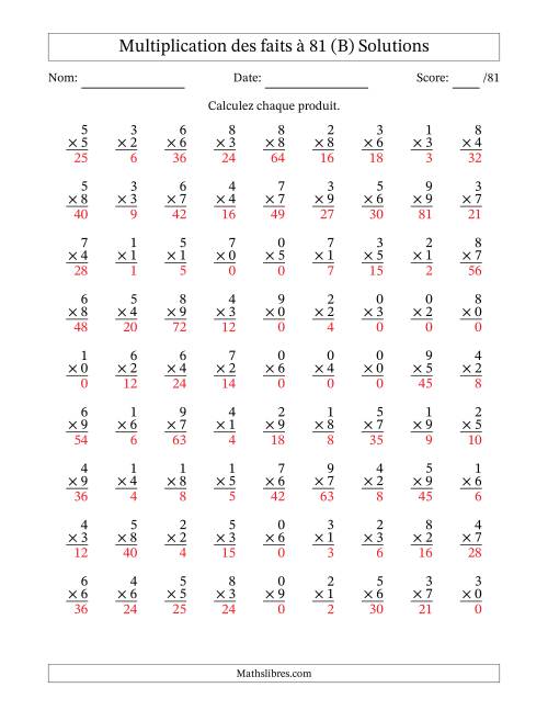 Multiplication des faits à 81 (81 Questions) (Avec zéros) (B) page 2