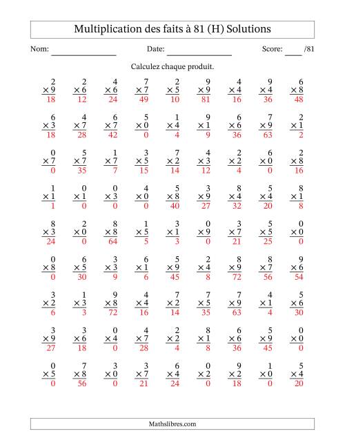 Multiplication des faits à 81 (81 Questions) (Avec zéros) (H) page 2