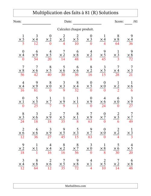 Multiplication des faits à 81 (81 Questions) (Avec zéros) (R) page 2
