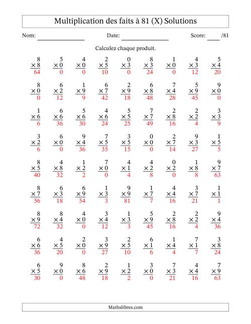Multiplication des faits à 81 (81 Questions) (Avec zéros) (X) page 2