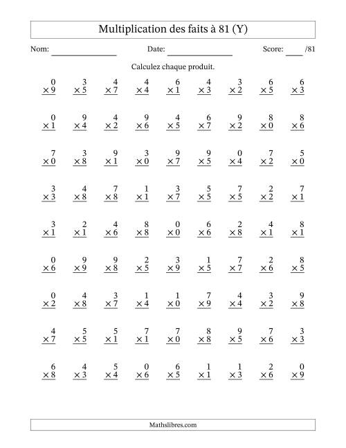 Multiplication des faits à 81 (81 Questions) (Avec zéros) (Y)