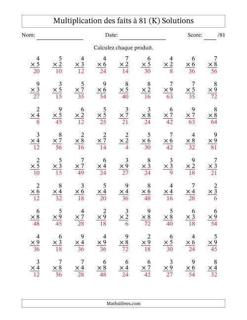 Multiplication des faits à 81 (81 Questions) (Pas de zéros ni de uns) (K) page 2