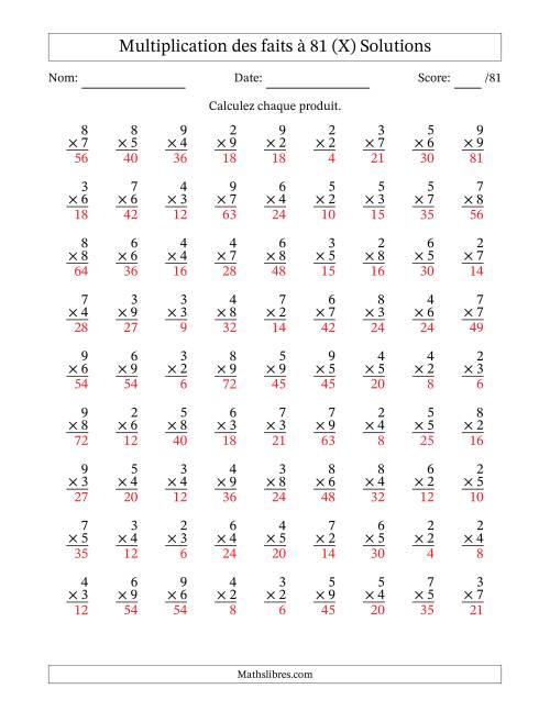 Multiplication des faits à 81 (81 Questions) (Pas de zéros ni de uns) (X) page 2