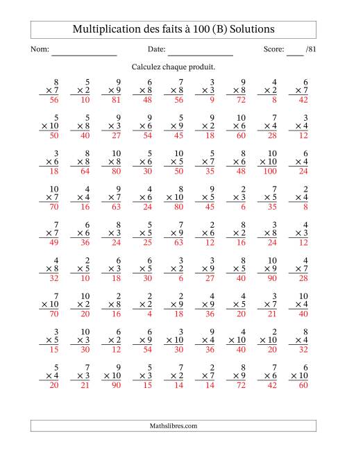 Multiplication des faits à 100 (81 Questions) (Pas de zéros ni de uns) (B) page 2