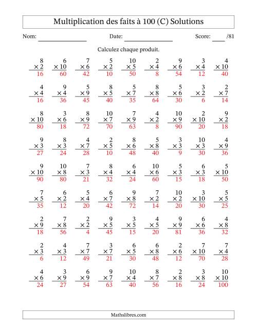 Multiplication des faits à 100 (81 Questions) (Pas de zéros ni de uns) (C) page 2