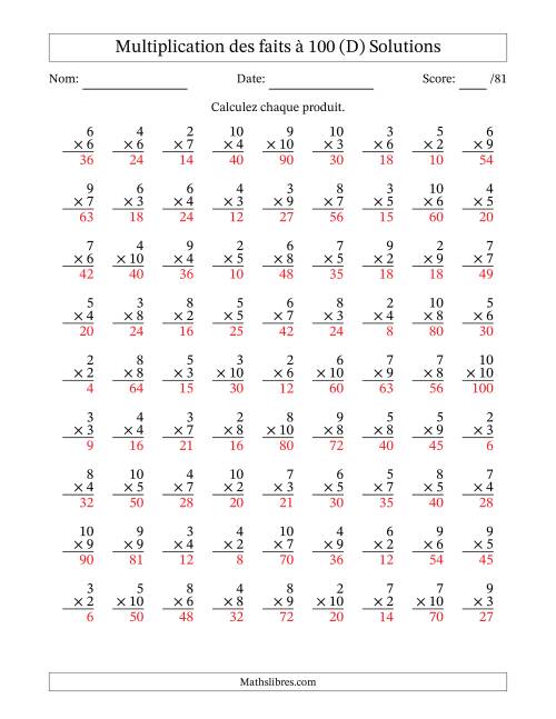 Multiplication des faits à 100 (81 Questions) (Pas de zéros ni de uns) (D) page 2