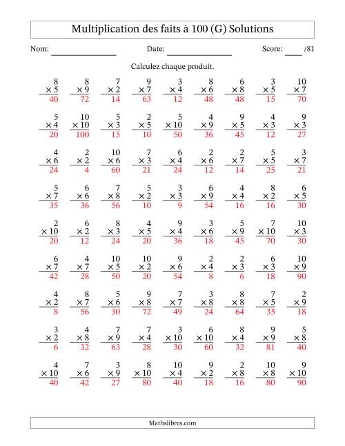 Multiplication des faits à 100 (81 Questions) (Pas de zéros ni de uns) (G) page 2