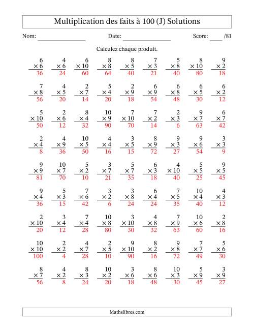 Multiplication des faits à 100 (81 Questions) (Pas de zéros ni de uns) (J) page 2
