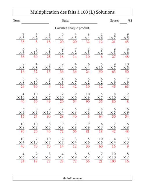 Multiplication des faits à 100 (81 Questions) (Pas de zéros ni de uns) (L) page 2