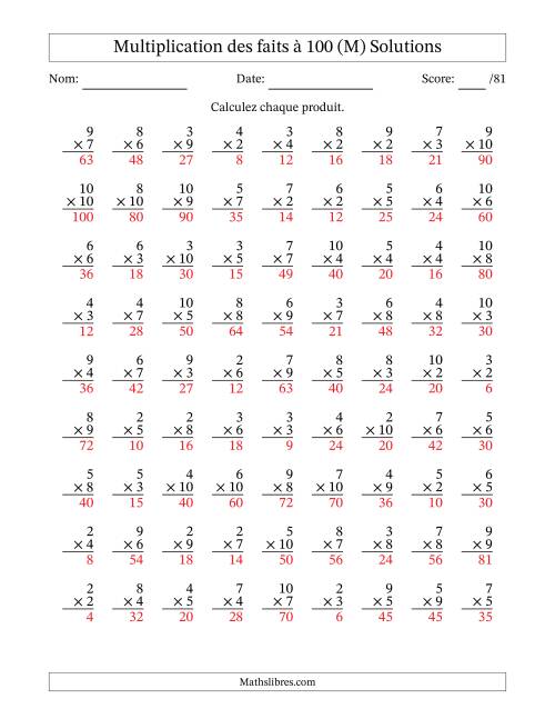 Multiplication des faits à 100 (81 Questions) (Pas de zéros ni de uns) (M) page 2