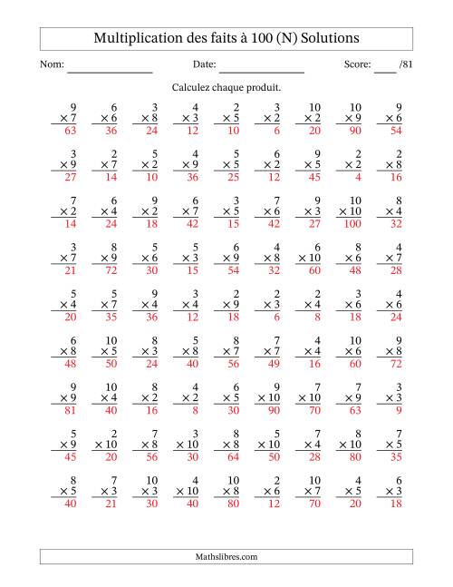 Multiplication des faits à 100 (81 Questions) (Pas de zéros ni de uns) (N) page 2