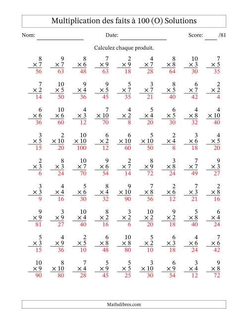 Multiplication des faits à 100 (81 Questions) (Pas de zéros ni de uns) (O) page 2
