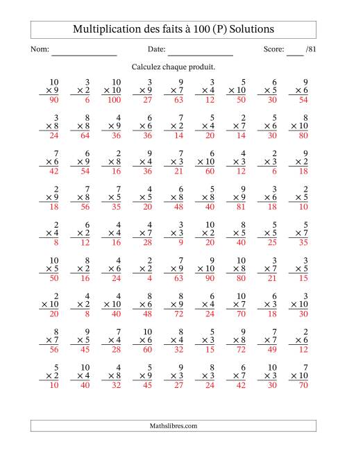 Multiplication des faits à 100 (81 Questions) (Pas de zéros ni de uns) (P) page 2
