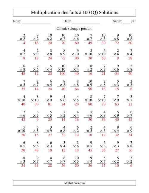 Multiplication des faits à 100 (81 Questions) (Pas de zéros ni de uns) (Q) page 2