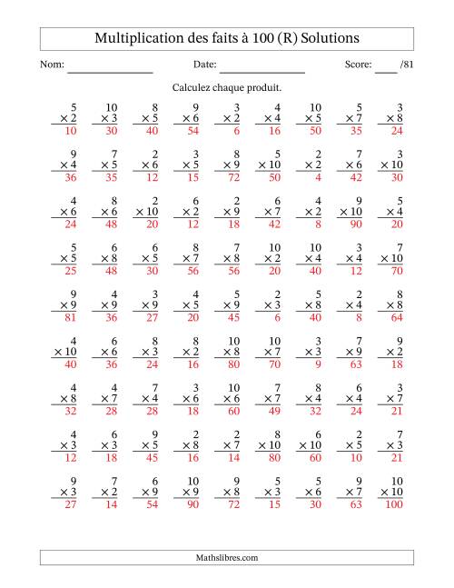 Multiplication des faits à 100 (81 Questions) (Pas de zéros ni de uns) (R) page 2